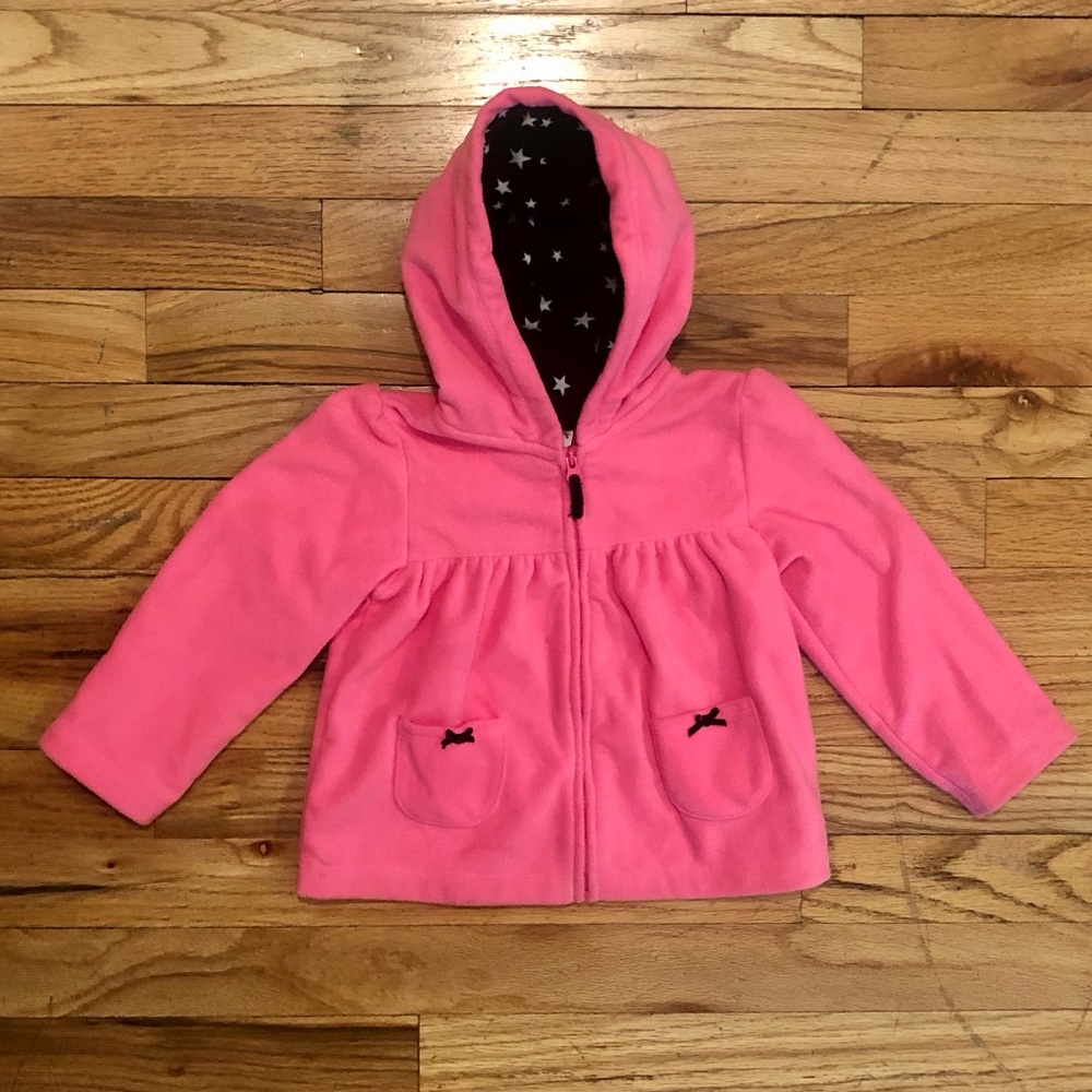 Carter’s Pink zip up hooded fleece with two black bows on the front pocket, 24M - Picture 2 of 9